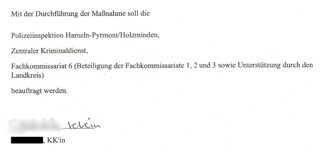 Aufforderung an das Ermittlungsgericht, die Durchführung dem falschen Fachkommissariat zuzuweisen