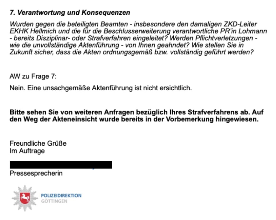 Stellungnahme der PD Göttingen, eine unsachgemäße Aktenführung sei nicht ersichtlich.
